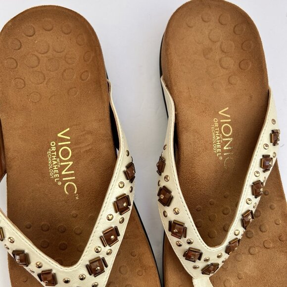 Vionic Floriana Leather Brown Beaded Thong Sandals Womens Size 9 Orthaheel Shoes - Picture 8 of 8